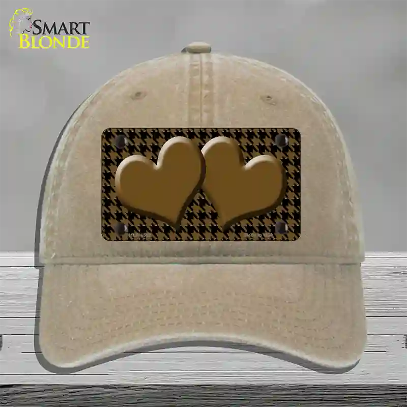 Brown Black Houndstooth Brown Center Hearts Novelty License Plate Hat Unconstructed Cotton / Khaki