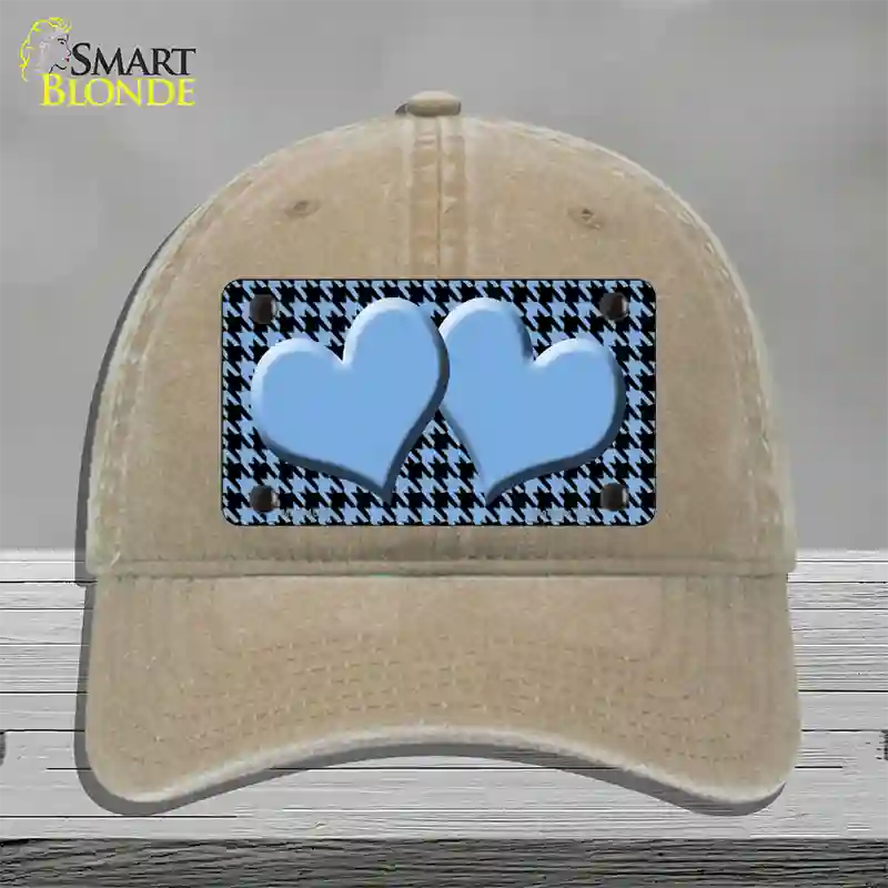 Light Blue Black Houndstooth Light Blue Center Hearts Novelty License Plate Hat Unconstructed Cotton / Khaki