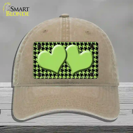 Lime Green Black Houndstooth Lime Green Center Hearts Novelty License Plate Hat Unconstructed Cotton / Khaki