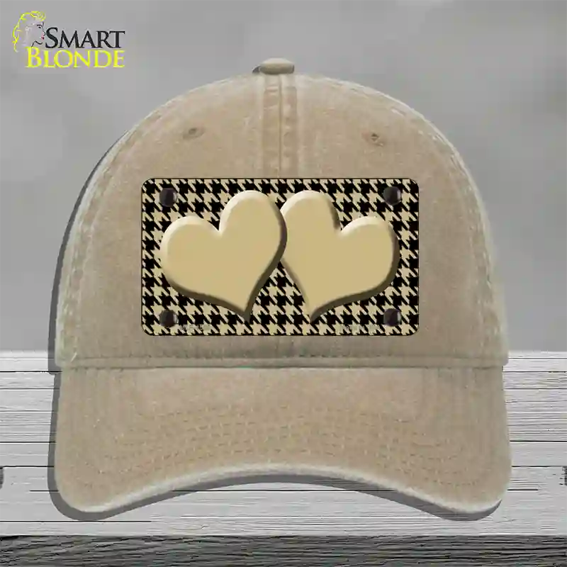 Gold Black Houndstooth Gold Center Hearts Novelty License Plate Hat Unconstructed Cotton / Khaki