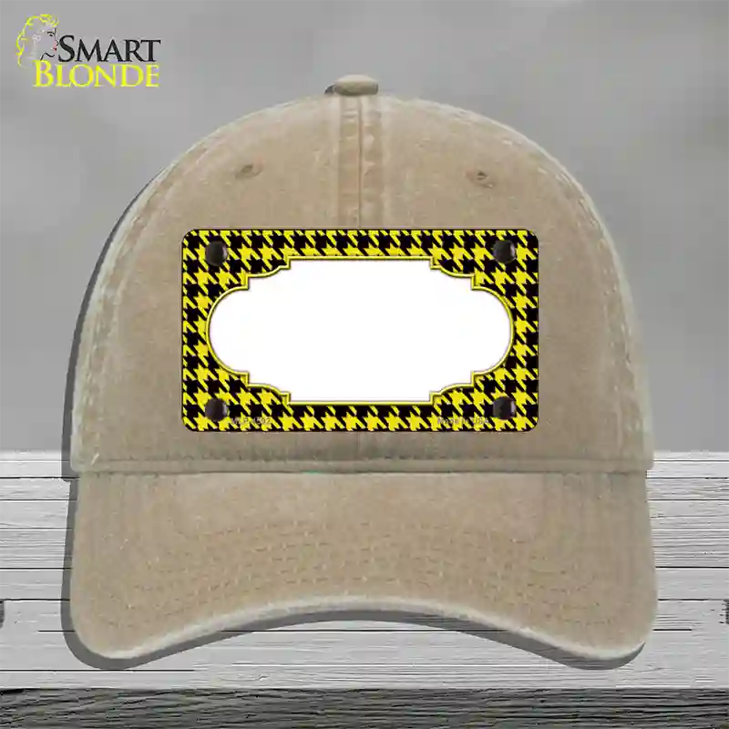 Yellow Black Houndstooth Scallop Center Novelty License Plate Hat Unconstructed Cotton / Khaki