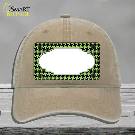 Lime Green Black Houndstooth Scallop Center Novelty License Plate Hat Unconstructed Cotton / Khaki