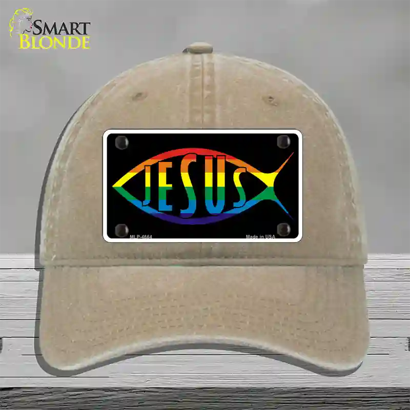 Jesus Fish Rainbow Novelty License Plate Hat Unconstructed Cotton / Khaki