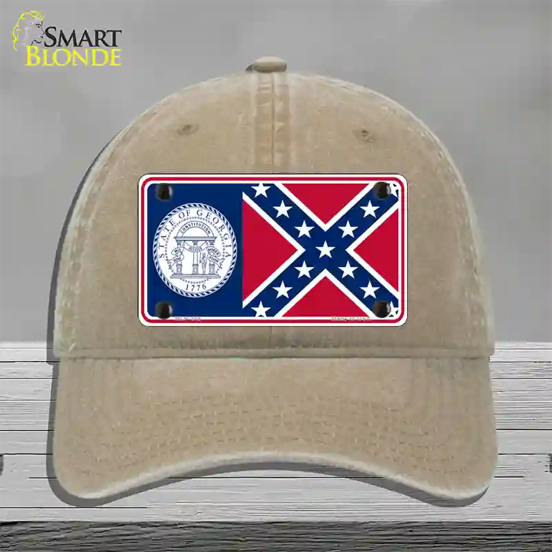 Georgia Confederate State Flag Novelty License Plate Hat Unconstructed Cotton / Khaki