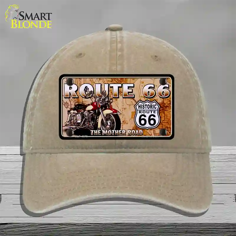 Route 66 Mother Road Motorcycle Novelty License Plate Hat Unconstructed Cotton / Khaki