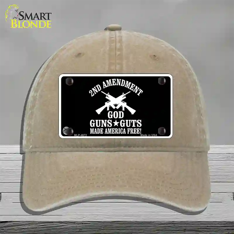 God, Guns, Guts Novelty License Plate Hat Unconstructed Cotton / Khaki