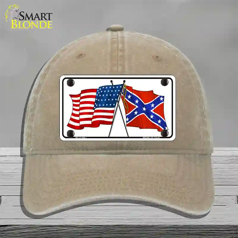 Confederate USA Crossed Flags Novelty License Plate Hat Unconstructed Cotton / Khaki