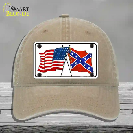 Confederate USA Crossed Flags Novelty License Plate Hat Unconstructed Cotton / Khaki