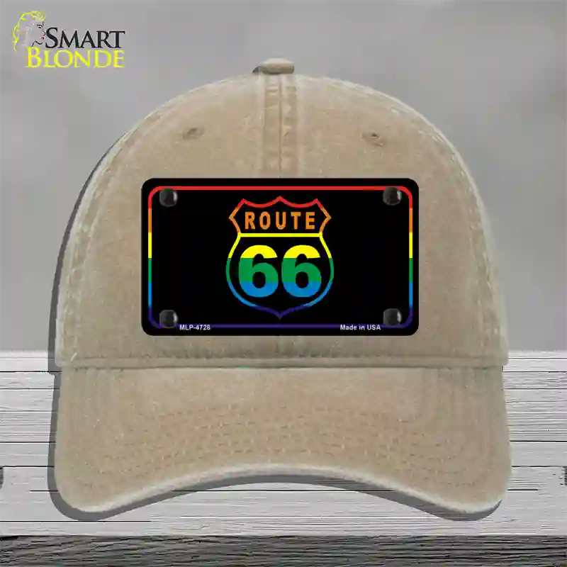 Route 66 Rainbow Flag Novelty License Plate Hat Unconstructed Cotton / Khaki