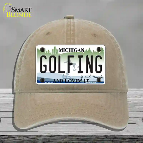 Golfing Michigan State Novelty License Plate Hat Unconstructed Cotton / Khaki