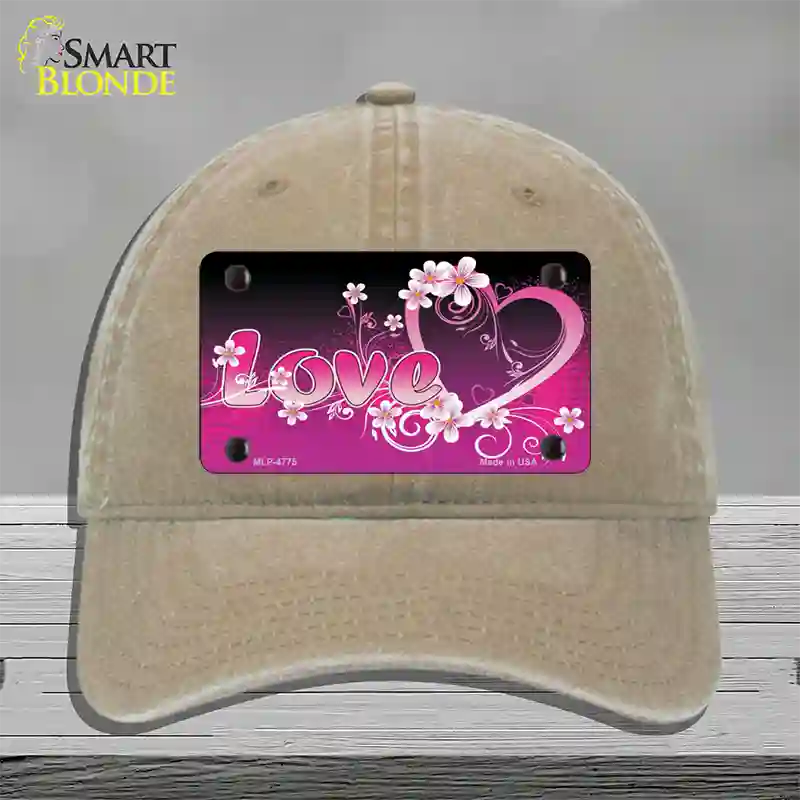 Love Heart And Flowers Novelty License Plate Hat Unconstructed Cotton / Khaki