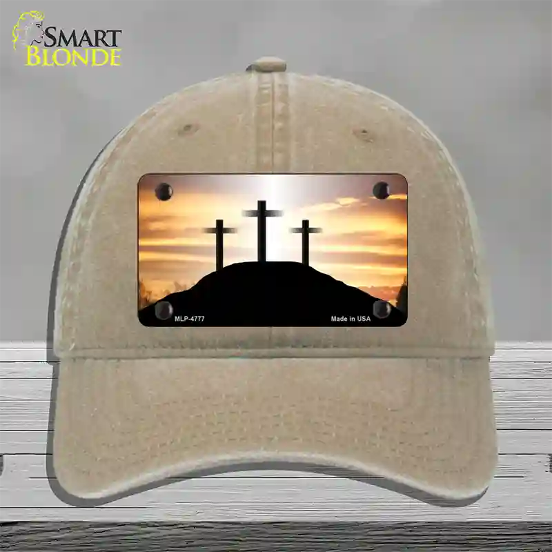 Three Crosses Sunset Novelty License Plate Hat Unconstructed Cotton / Khaki