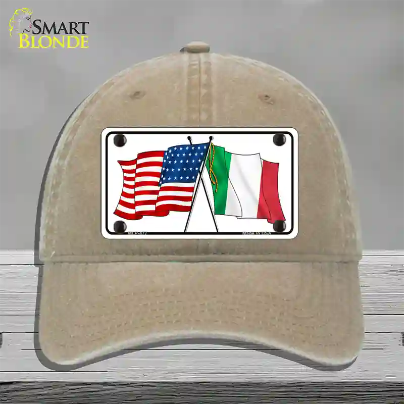 United States Italy Crossed Flags Novelty License Plate Hat Unconstructed Cotton / Khaki