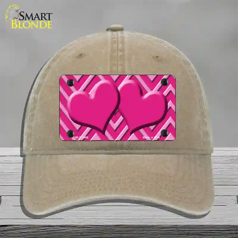 Pink Light Pink Heart Large Chevron Novelty License Plate Hat Unconstructed Cotton / Khaki