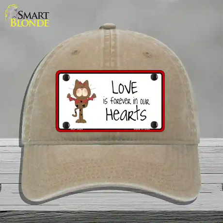 Love In Our Hearts Cat Novelty License Plate Hat Unconstructed Cotton / Khaki