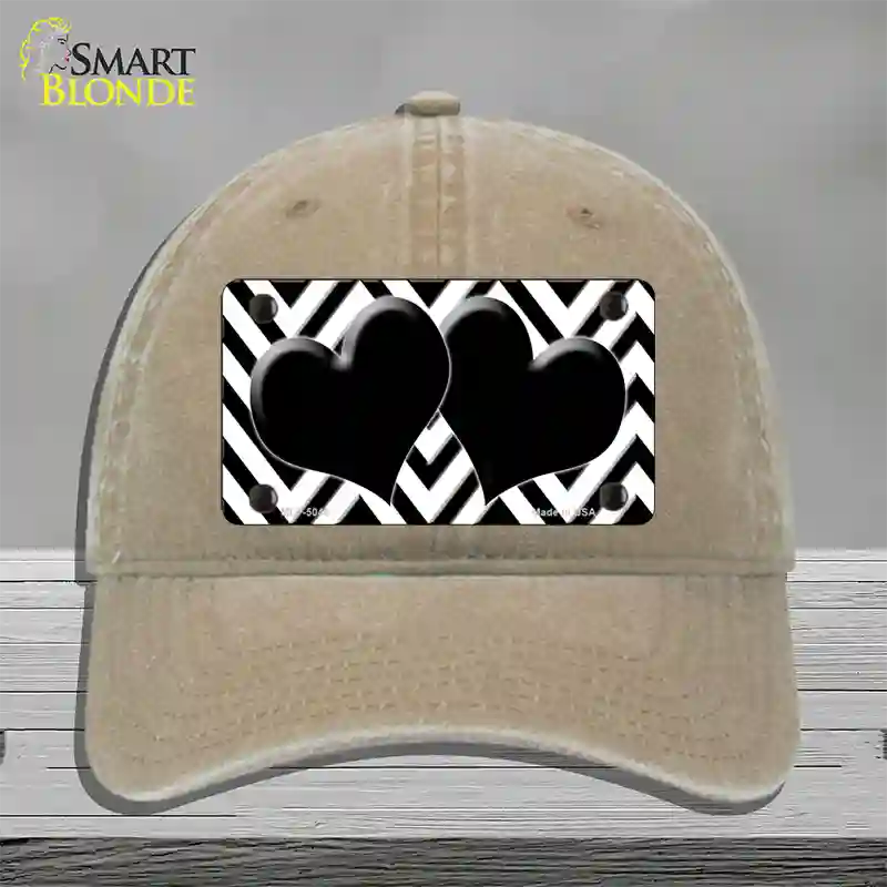 White Black Chevon Hearts Novelty License Plate Hat Unconstructed Cotton / Khaki