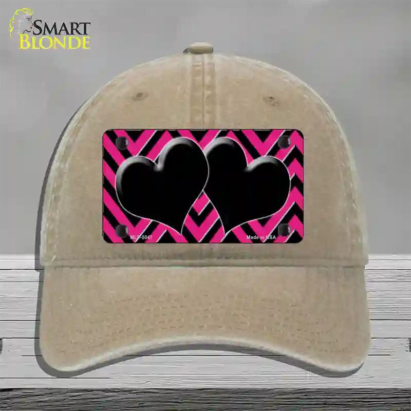 Pink Black Chevon Hearts Novelty License Plate Hat Unconstructed Cotton / Khaki