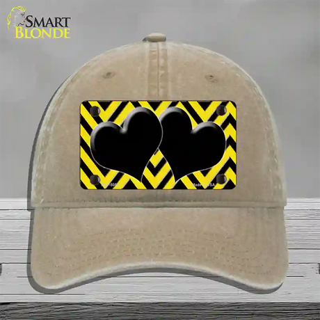 Yellow Black Chevon Hearts Novelty License Plate Hat Unconstructed Cotton / Khaki