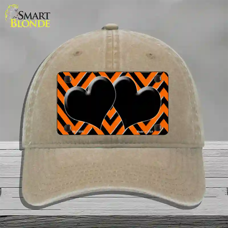 Orange Black Chevon Hearts Novelty License Plate Hat Unconstructed Cotton / Khaki