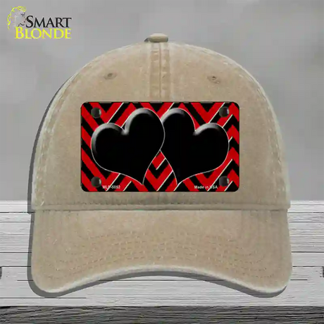 Red Black Chevon Hearts Novelty License Plate Hat Unconstructed Cotton / Khaki