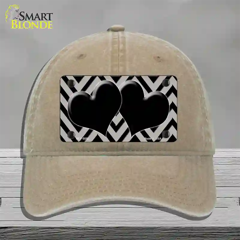 Grey Black Chevon Hearts Novelty License Plate Hat Unconstructed Cotton / Khaki