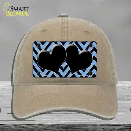 Light Blue Black Chevon Hearts Novelty License Plate Hat Unconstructed Cotton / Khaki