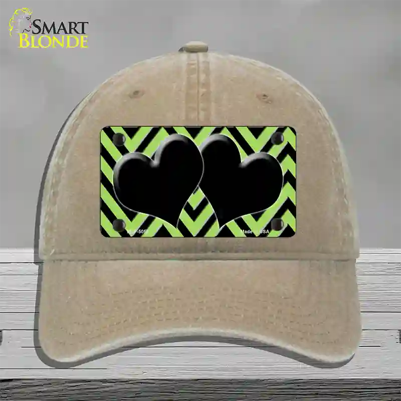 Lime Green Black Chevon Hearts Novelty License Plate Hat Unconstructed Cotton / Khaki