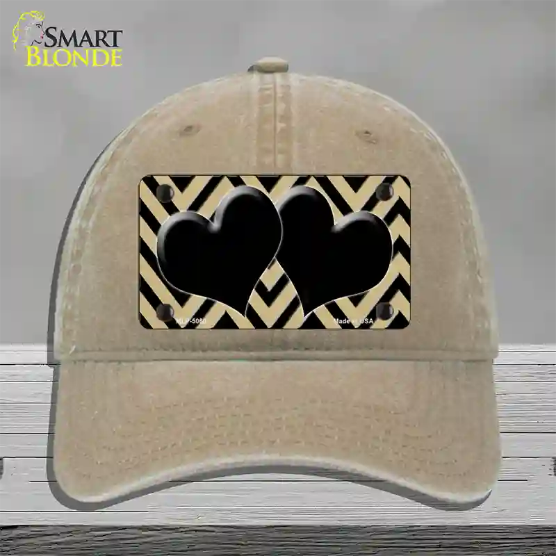 Gold Black Chevon Hearts Novelty License Plate Hat Unconstructed Cotton / Khaki