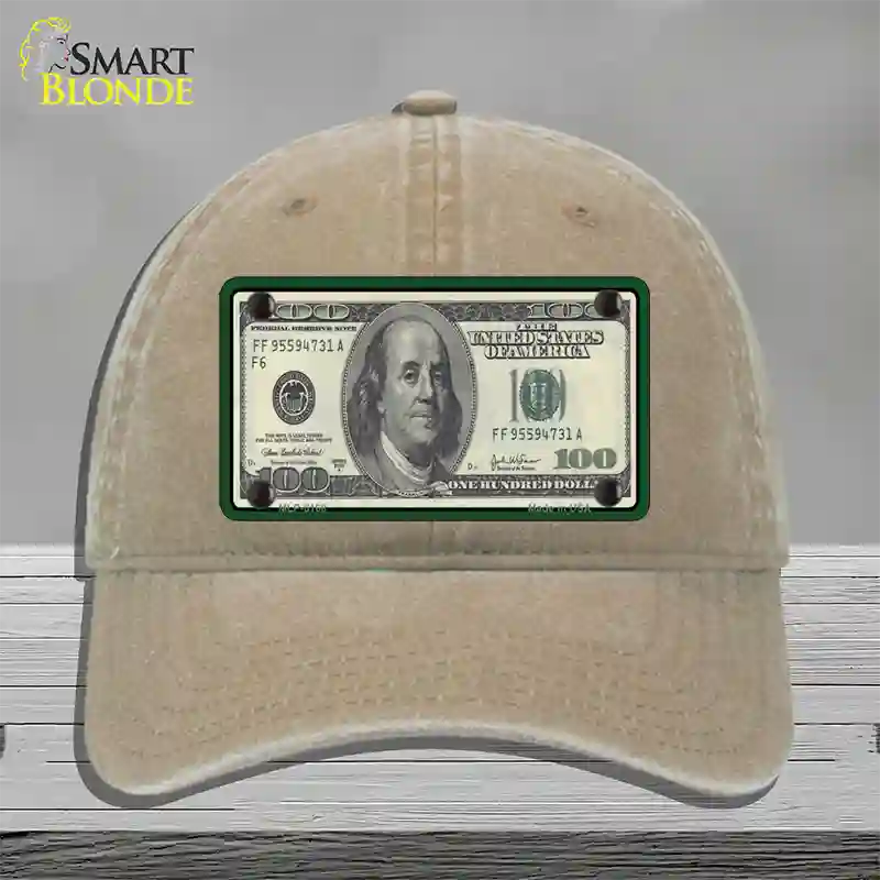 $100 Bill Novelty License Plate Hat Unconstructed Cotton / Khaki