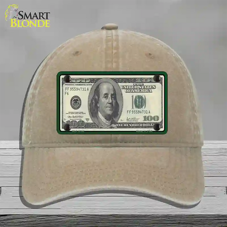 $100 Bill Novelty License Plate Hat Unconstructed Cotton / Khaki