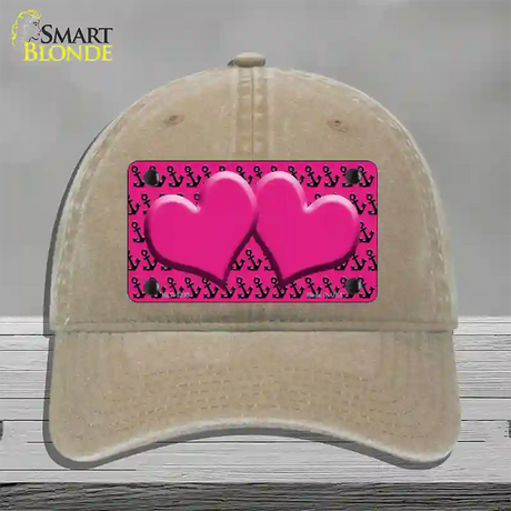 Pink Black Anchor Pink Heart Center Novelty License Plate Hat Unconstructed Cotton / Khaki