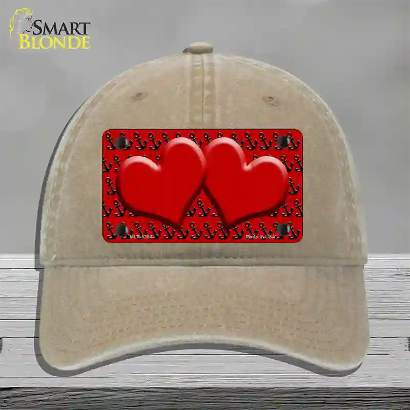 Red Black Anchor Red Heart Center Novelty License Plate Hat Unconstructed Cotton / Khaki