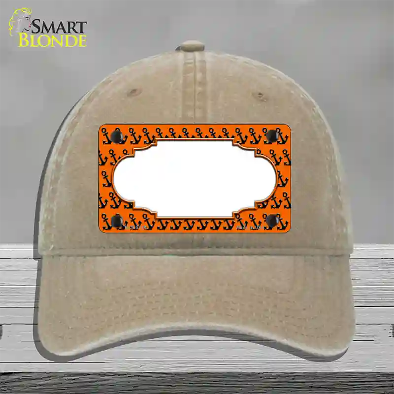 Orange Black Anchor Scallop Center Novelty License Plate Hat Unconstructed Cotton / Khaki