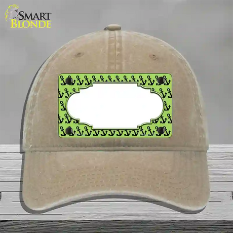 Lime Green Black Anchor Scallop Center Novelty License Plate Hat Unconstructed Cotton / Khaki