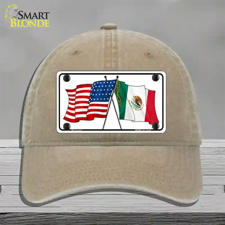 United States Mexico Flag Novelty License Plate Hat Unconstructed Cotton / Khaki