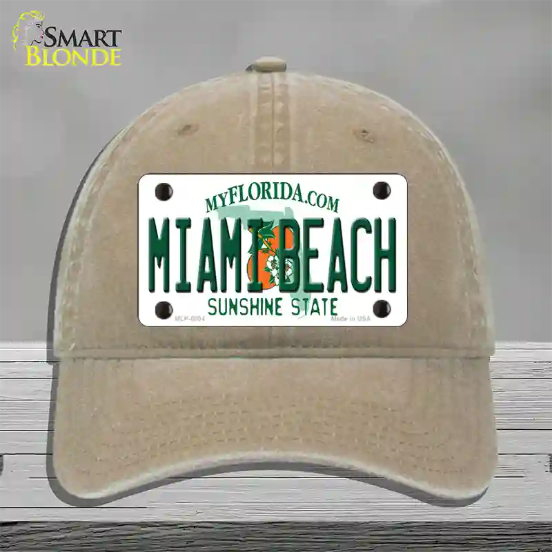 Miami Beach Florida Novelty License Plate Hat Unconstructed Cotton / Khaki