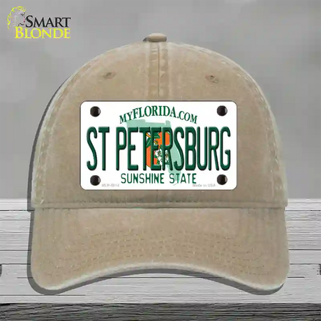 St Petersburg Florida Novelty License Plate Hat Unconstructed Cotton / Khaki