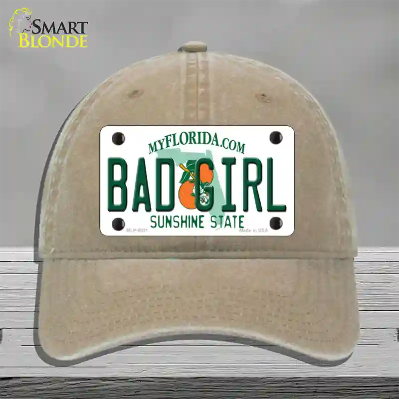 Bad Girl Florida Novelty License Plate Hat Unconstructed Cotton / Khaki