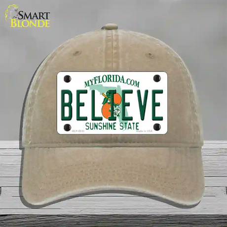 Believe Florida Novelty License Plate Hat Unconstructed Cotton / Khaki