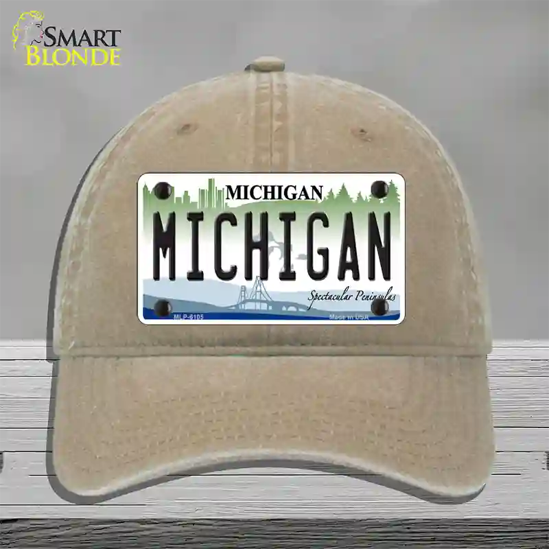 Michigan Novelty License Plate Hat Unconstructed Cotton / Khaki