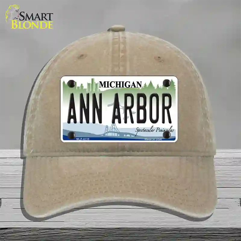 Ann Arbor Michigan Novelty License Plate Hat Unconstructed Cotton / Khaki