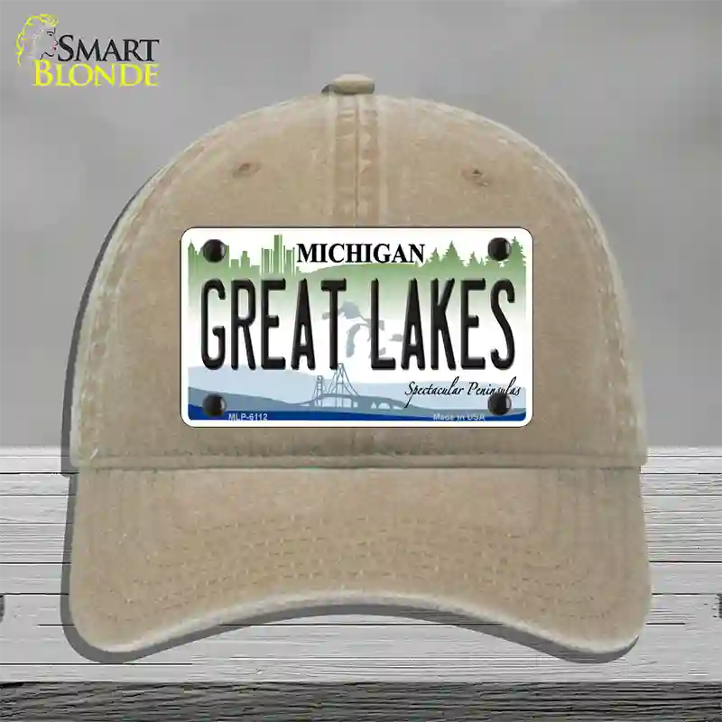 Great Lakes Michigan Novelty License Plate Hat Unconstructed Cotton / Khaki