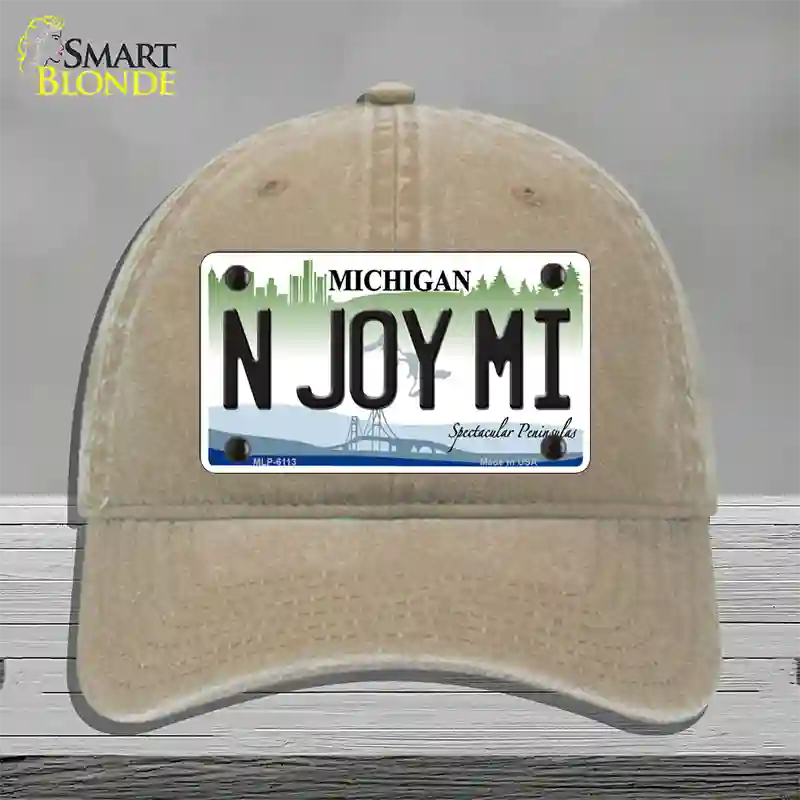 N Joy Mi Michigan Novelty License Plate Hat Unconstructed Cotton / Khaki