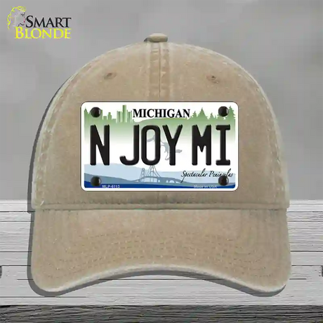 N Joy Mi Michigan Novelty License Plate Hat Unconstructed Cotton / Khaki