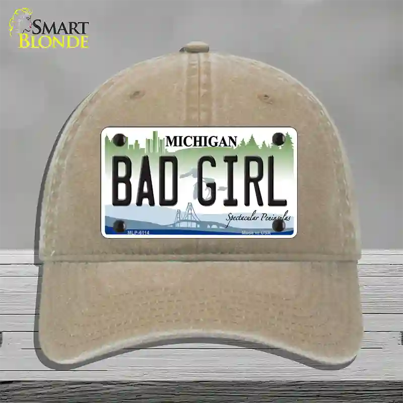 Bad Girl Michigan Novelty License Plate Hat Unconstructed Cotton / Khaki