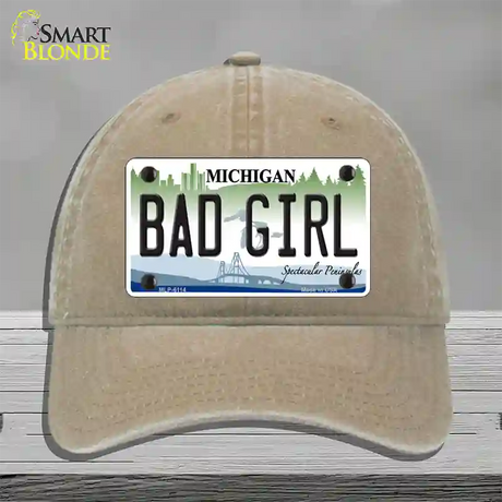 Bad Girl Michigan Novelty License Plate Hat Unconstructed Cotton / Khaki