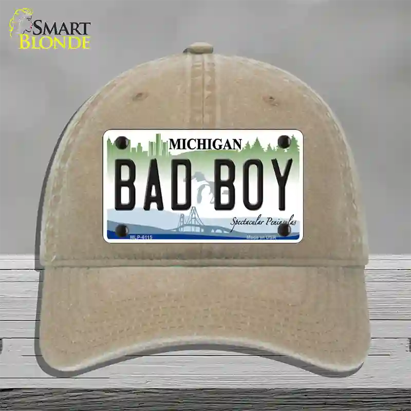 Bad Boy Michigan Novelty License Plate Hat Unconstructed Cotton / Khaki