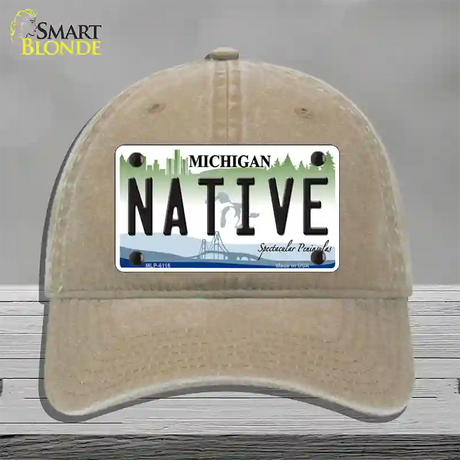 Native Michigan Novelty License Plate Hat Unconstructed Cotton / Khaki