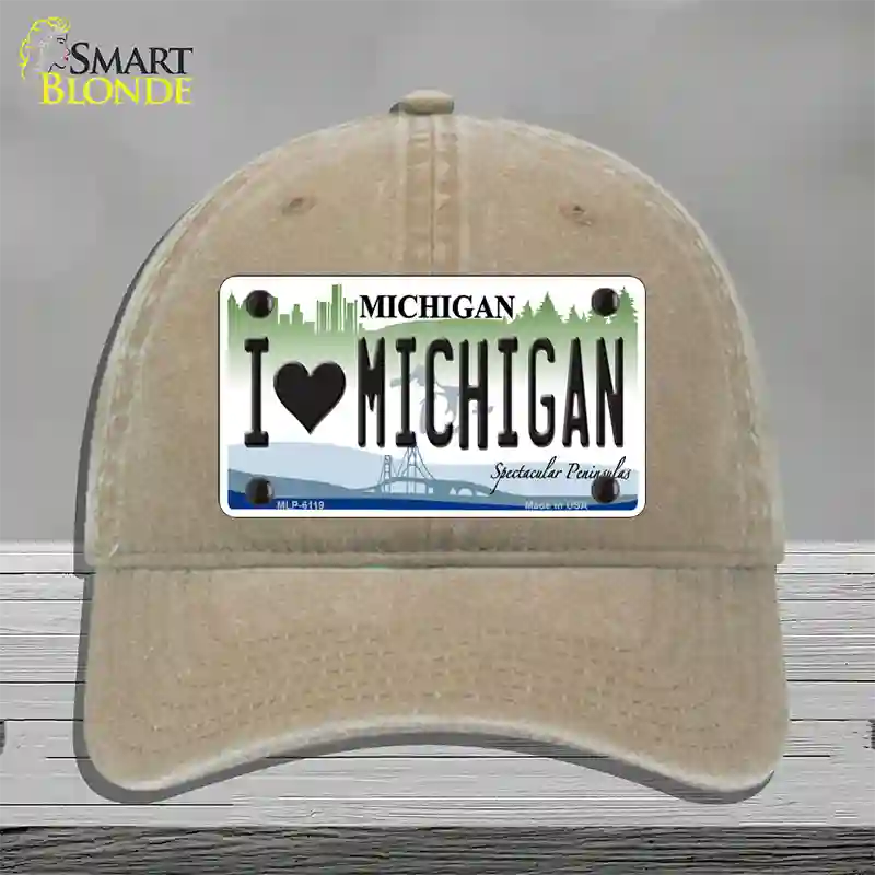 I Love Michigan Novelty License Plate Hat Unconstructed Cotton / Khaki