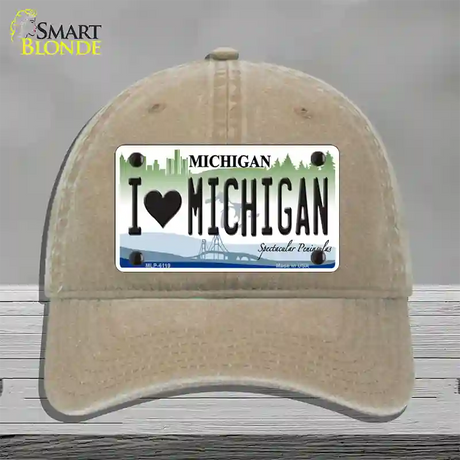 I Love Michigan Novelty License Plate Hat Unconstructed Cotton / Khaki